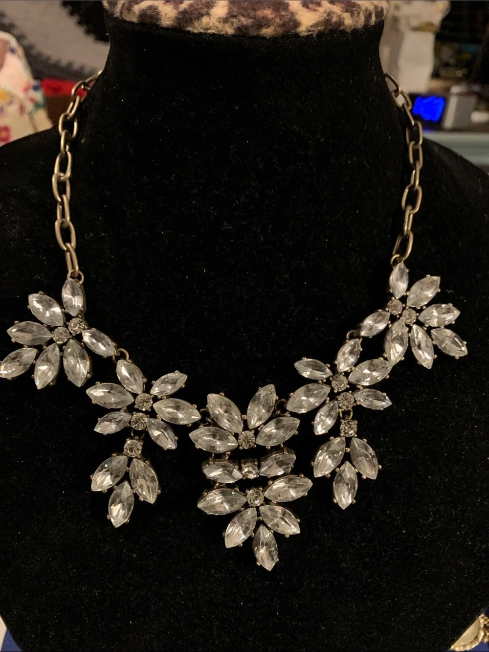 Crystal Floral Bib Necklace - Clear Crystals on Silver-Tone Chain - Picture 1 of 4